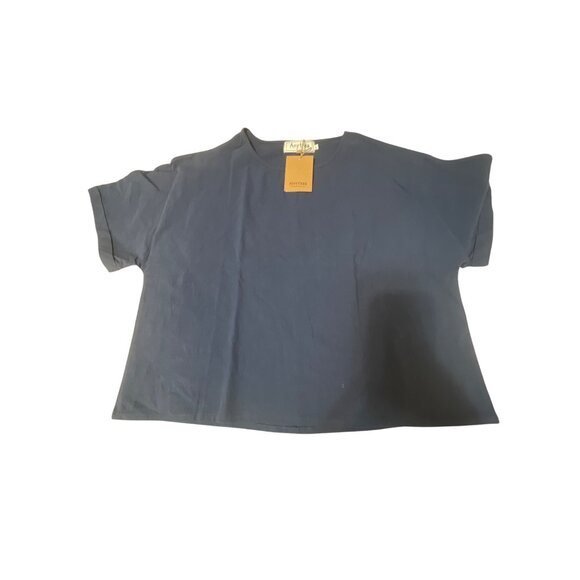 Anytree Navy Blue Cotton Linen Boxy Top & Wide Leg Pants Lounge Set L NWT - Picture 2 of 6